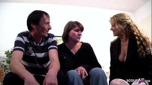 Real German Mature wife with Big natural Tits suprised to FFM Threesome Casting