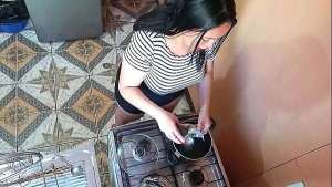 A horny boy decides to fuck his stepsister in the kitchen.