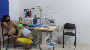 A horny and slutty seamstress seduces her coworker. She invites him over for sex, and her partner sucks her vagina like a whore.