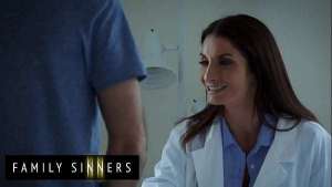 FAMILY SINNERS – MILF Doctor Examines A Big Cock With Her Mouth And Her Shaved Wet Pussy