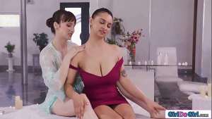 Big tits milf gives a nude body slide massage to latina bff