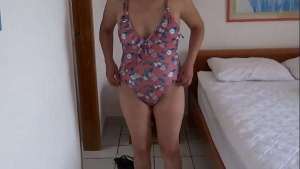 Beautiful stepmother puts on a bikini to show off on the beach, compilation