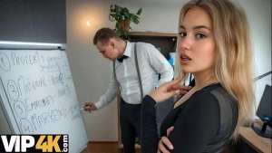 VIP4K. Teen blondie touched a cock for the first time…In the office