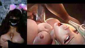 Chubby girl with big tits watching a hentai video compilation 3d