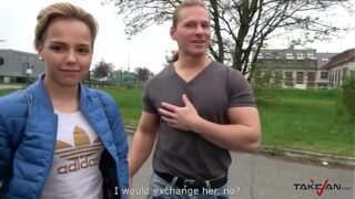 Real short hair lesbian convinced by Wendy Moon to fuck man