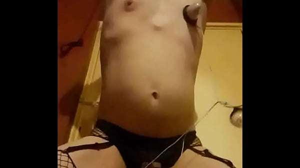 bisexual crossdresser gets the full power of the electro machine when the nipple cup drops