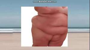 USBBW 450# Of Soft Rippling Fat Stretches, Jogs, does Sit-ups and Star Jumps on Beach (AI-Generated, Solo, S215A)