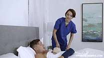 19yo teen nurse stepsis asked to help her stepbro.When she gets some bandage she notice a bulge under the blanket and sees he has a massive hardon.After the first shock she gives him a hand as promised.She sucks and is licked before shes fucked