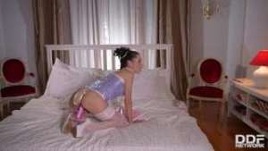 Cosplay cutie Sasha Rose’s sensual lonesome bedroom sex toy masturbation