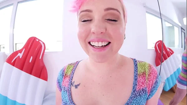 CAROLINE CROSS aka MILEY MAY Cute Cubby Blonde Coed Huge Cock POV Blowjob and Cum Swallow