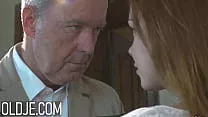 Hot brunette seduces grandpa and fucks him on the couch