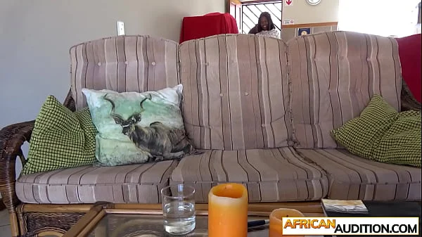 Huge tits African black teen Sydney sucks white cock during fake casting