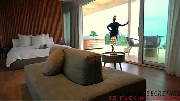 my private secretary in tight bodycon dress and stockings fucked risky on a balcony