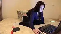 Busty housewife undresses and fucks with a dildo on webcam.