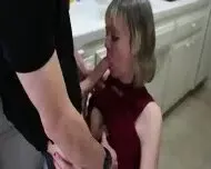 Mom fucks stepson in the kitchen in front of her husband