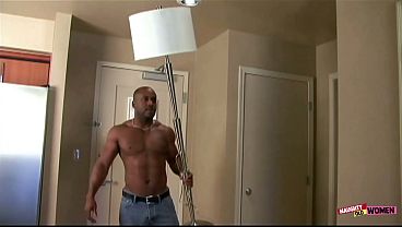 Two black studs take turns pounding a mature blondes tight pussy