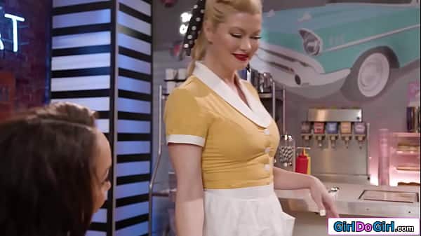 Busty milf waitress licks ebony customers pussy in her diner