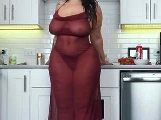 Busty curly brunette with big boobs fucks on couch