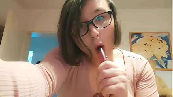 Teen Amateur Tranny Anallisa alone at home – she sucks dildo, lick her cum and fucks her pussy with while looking cute and loud all over the house – shes wearing penis cage and uses some of her other toys