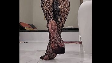 Foot Worship in Sheer Black Fishnet Bodysuit – Perfect Nylon Feet